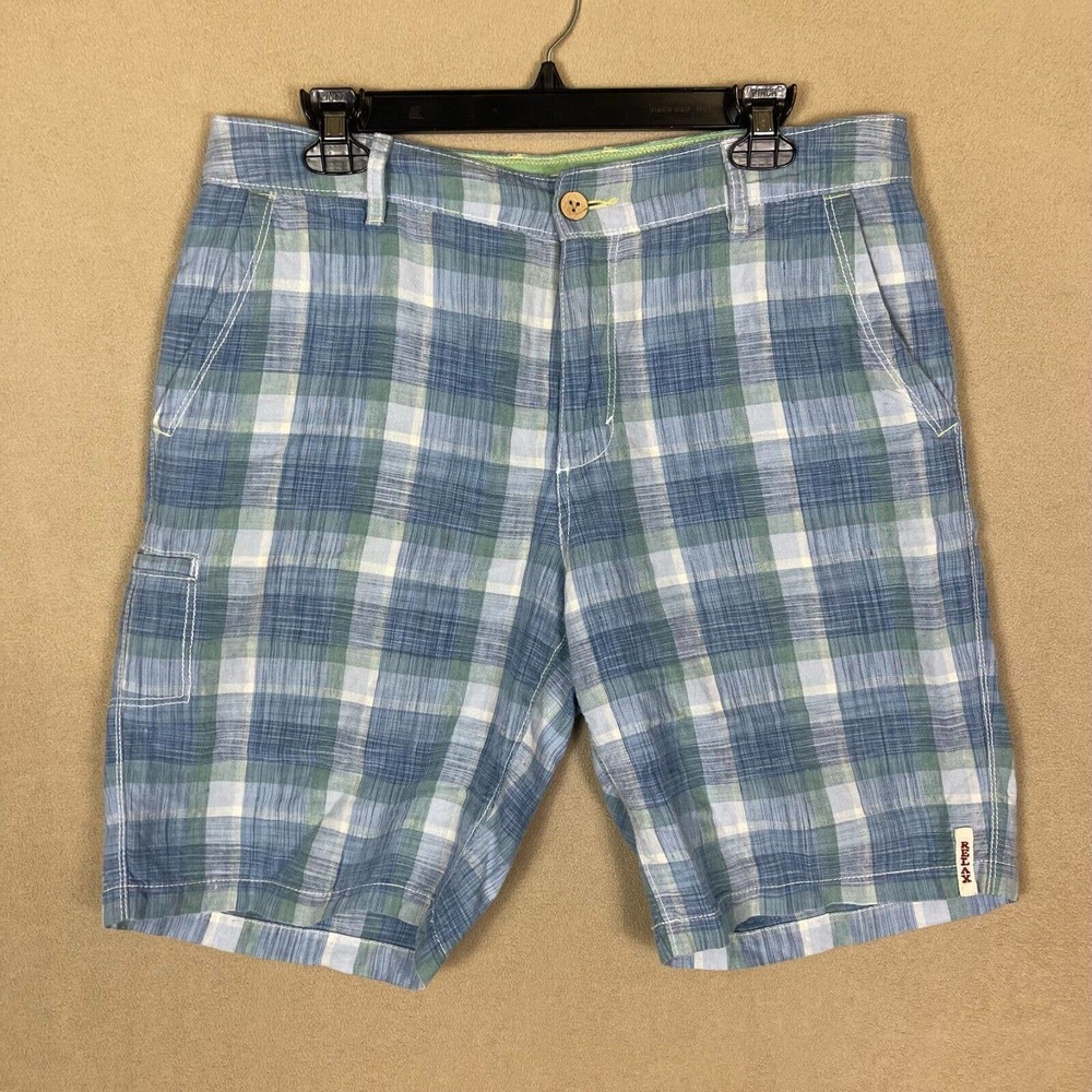 Tommy Bahama Relax Linen Shorts Mens 32 Blue Plaid Pocket Mid Rise 100% Linen